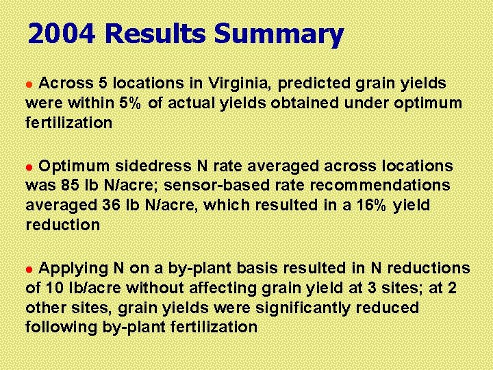 2004 Results Summary Across 5 locations in Virginia, predicted grain yields were within 5%