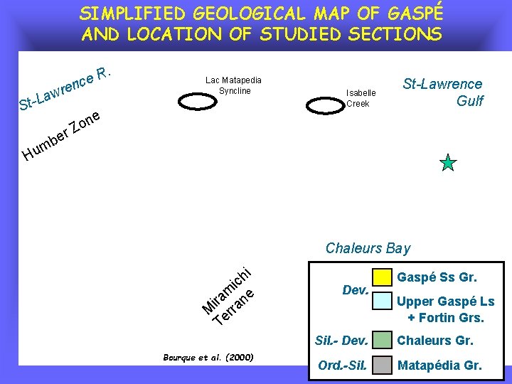 SIMPLIFIED GEOLOGICAL MAP OF GASPÉ AND LOCATION OF STUDIED SECTIONS. e. R c n