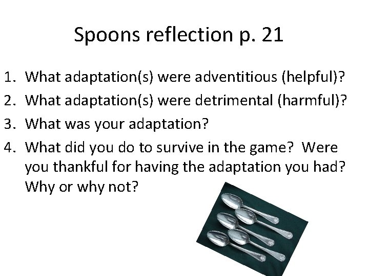 Spoons reflection p. 21 1. 2. 3. 4. What adaptation(s) were adventitious (helpful)? What
