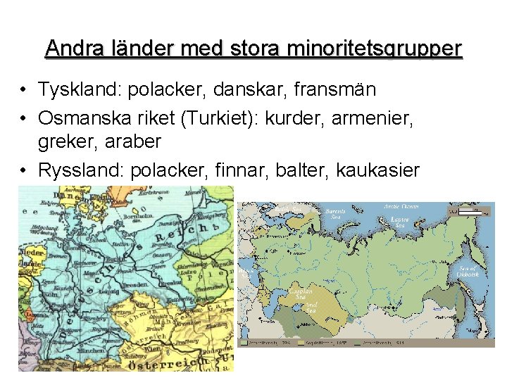 Andra länder med stora minoritetsgrupper • Tyskland: polacker, danskar, fransmän • Osmanska riket (Turkiet):