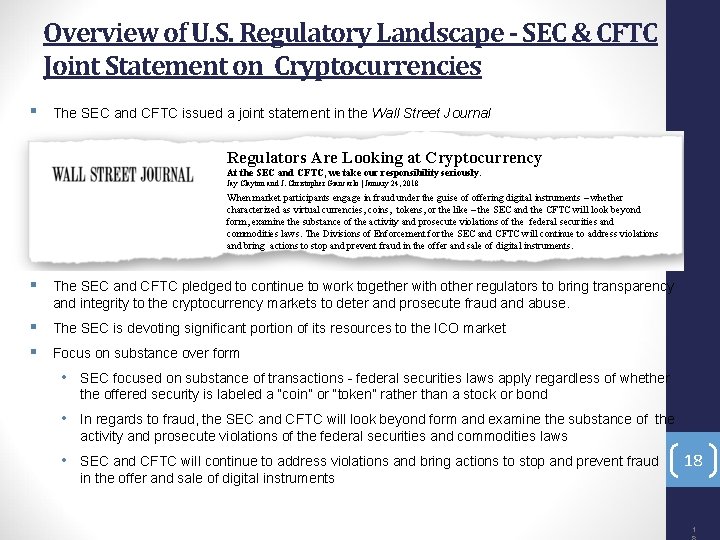 Overview of U. S. Regulatory Landscape - SEC & CFTC Joint Statement on Cryptocurrencies