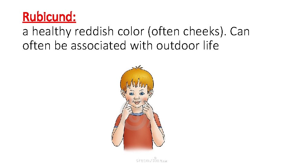Rubicund: a healthy reddish color (often cheeks). Can often be associated with outdoor life