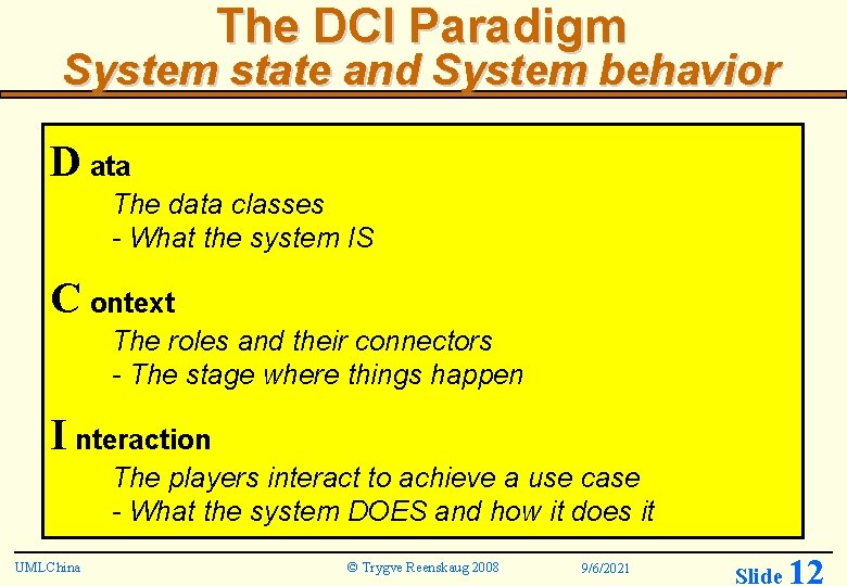 The DCI Paradigm System state and System behavior D ata The data classes -