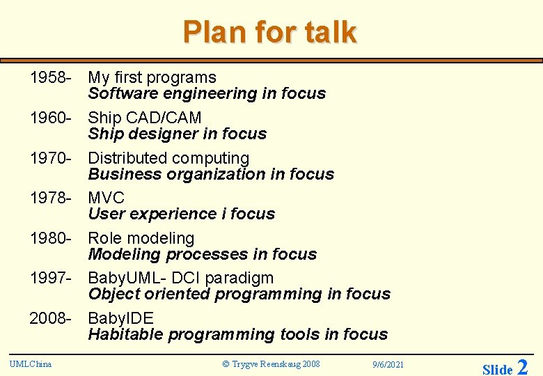 Plan for talk 1958 - My first programs Software engineering in focus 1960 -