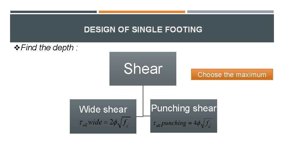 DESIGN OF SINGLE FOOTING Find the depth : Shear Wide shear Choose the maximum