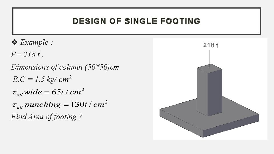 DESIGN OF SINGLE FOOTING Example : P= 218 t , Dimensions of column (50*50)cm