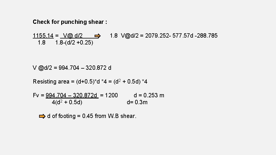 Check for punching shear : 1155. 14 = V@ d/2 1. 8 -(d/2 +0.