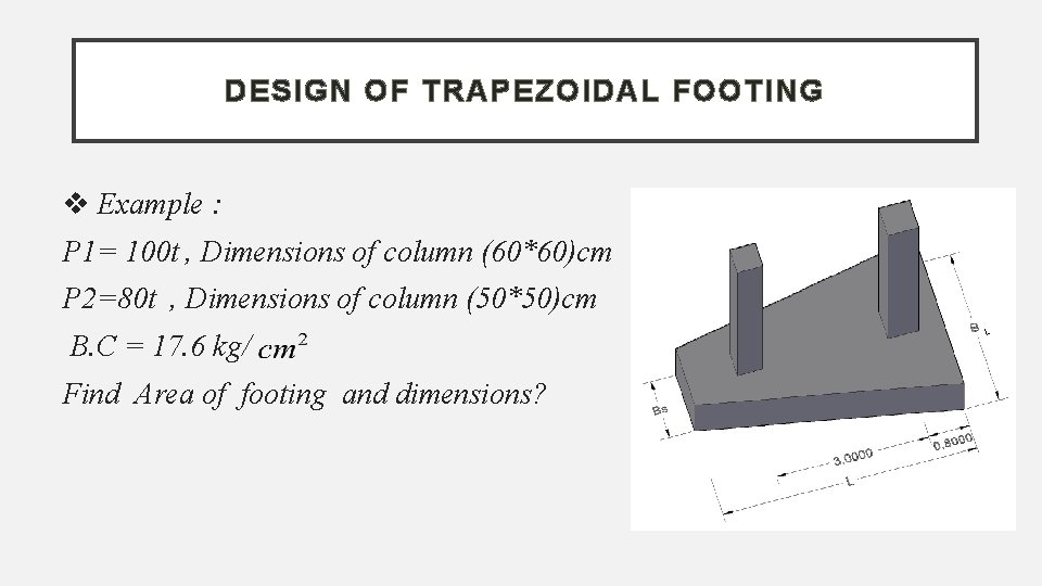 DESIGN OF TRAPEZOIDAL FOOTING Example : P 1= 100 t , Dimensions of column