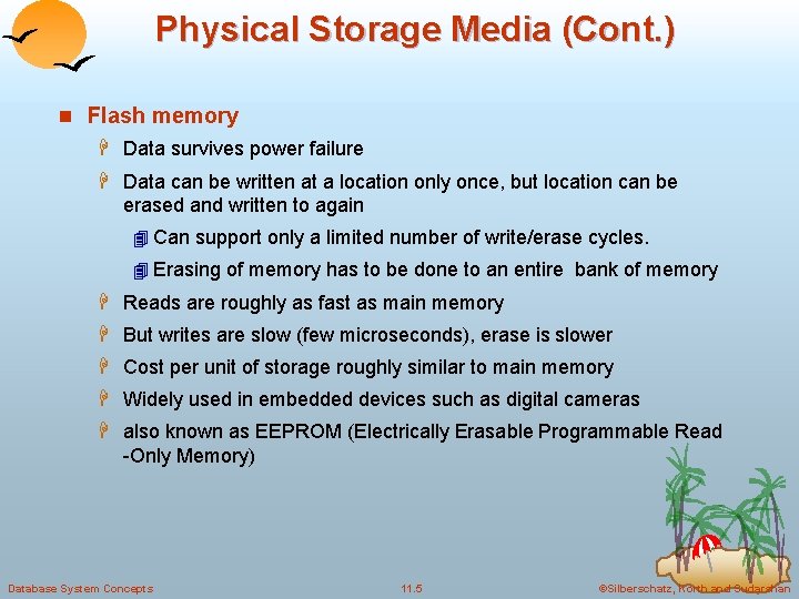 Physical Storage Media (Cont. ) n Flash memory H Data survives power failure H