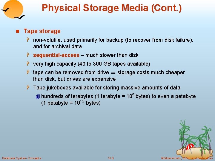 Physical Storage Media (Cont. ) n Tape storage H non-volatile, used primarily for backup