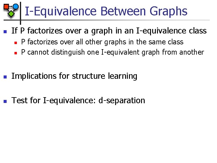 I-Equivalence Between Graphs n If P factorizes over a graph in an I-equivalence class