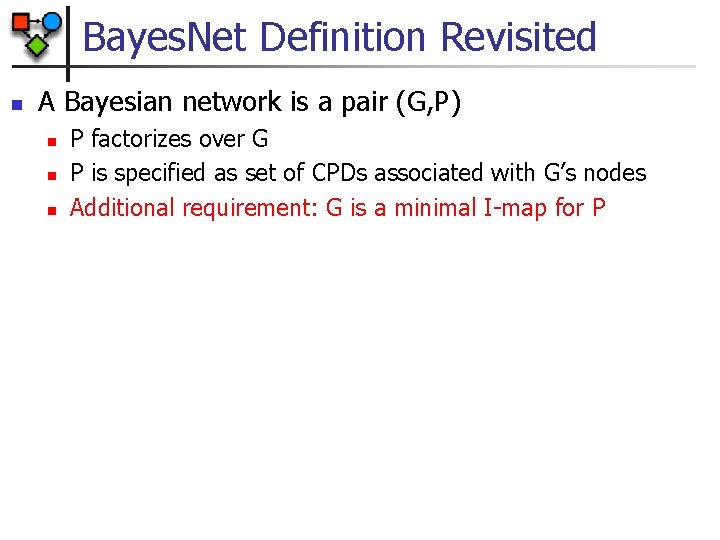 Bayes. Net Definition Revisited n A Bayesian network is a pair (G, P) n