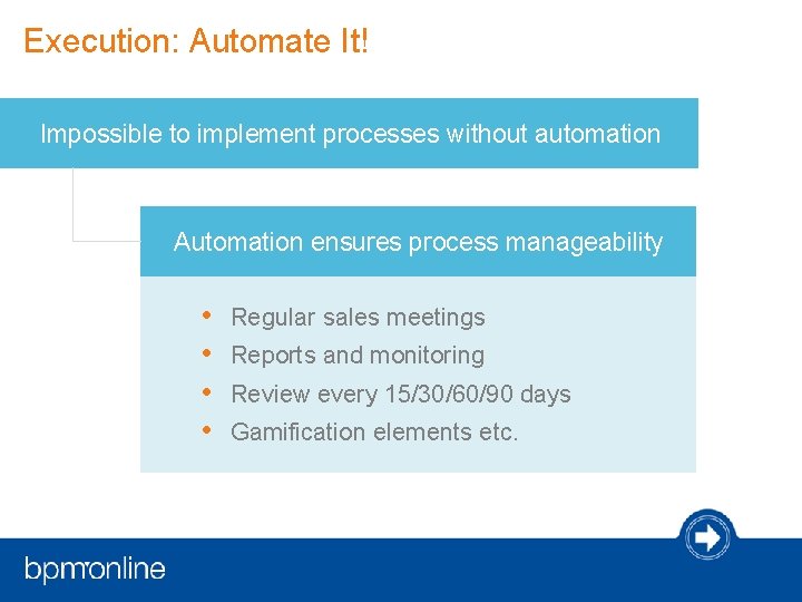 Execution: Automate It! Impossible to implement processes without automation Automation ensures process manageability • Execution: Automate It! Impossible to implement processes without automation Automation ensures process manageability •