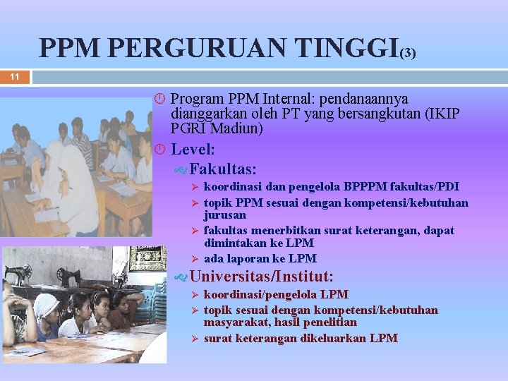 PPM PERGURUAN TINGGI(3) 11 Program PPM Internal: pendanaannya dianggarkan oleh PT yang bersangkutan (IKIP