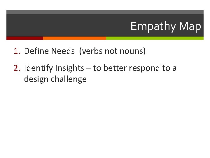 Empathy Map 1. Define Needs (verbs not nouns) 2. Identify Insights – to better