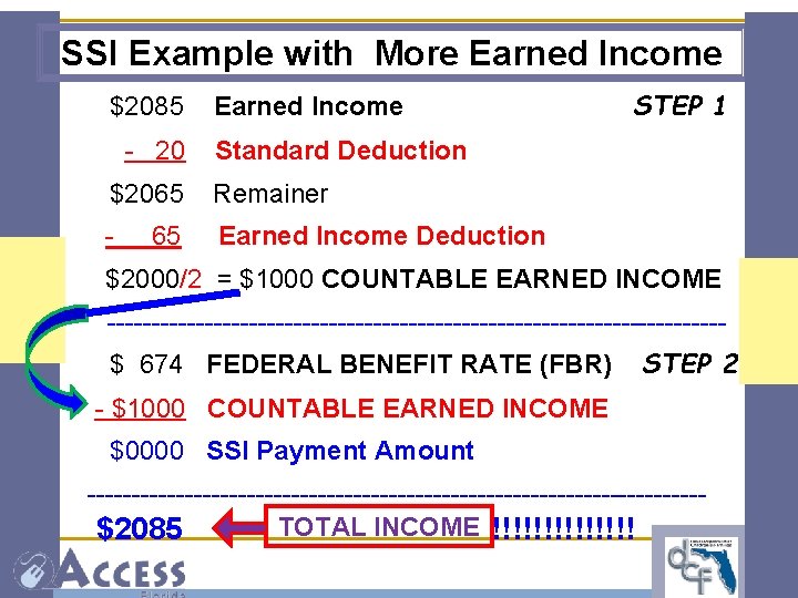 SSI Example with More Earned Income $2085 - 20 Earned Income Standard Deduction $2065