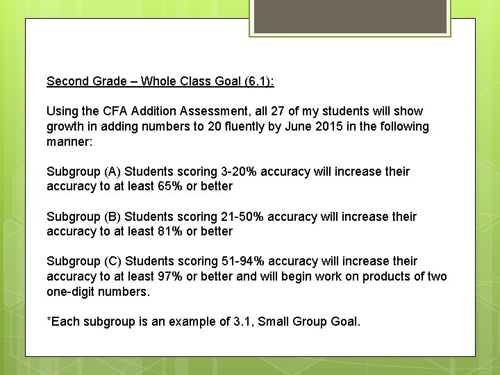 Second Grade – Whole Class Goal (6. 1): Using the CFA Addition Assessment, all