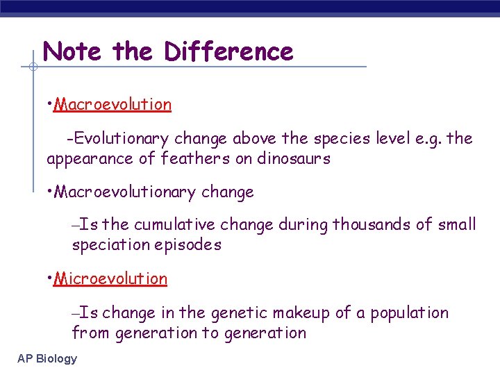 Note the Difference • Macroevolution -Evolutionary change above the species level e. g. the