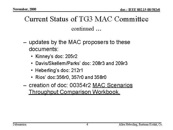 November, 2000 doc. : IEEE 802. 15 -00/382 r 0 Current Status of TG