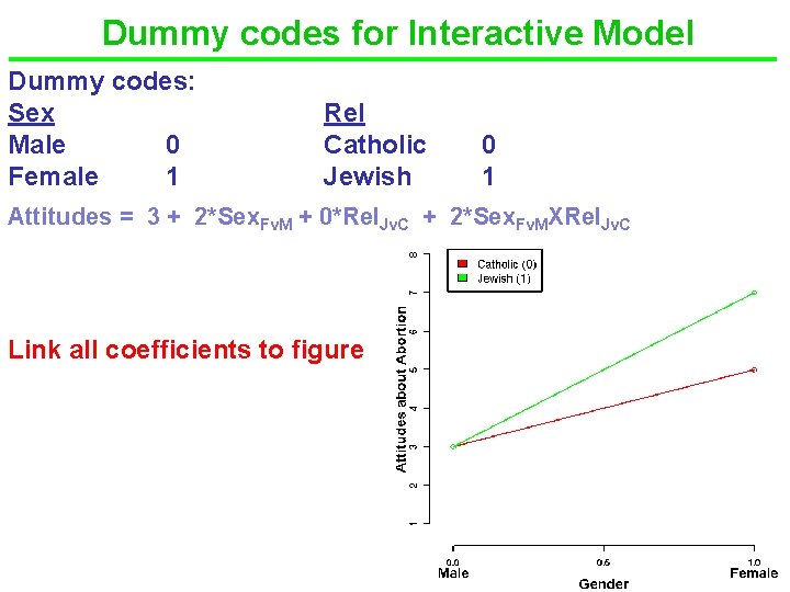 Dummy codes for Interactive Model Dummy codes: Sex Male 0 Female 1 Rel Catholic