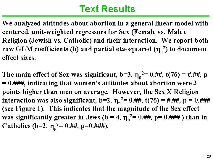 Text Results We analyzed attitudes about abortion in a general linear model with centered,