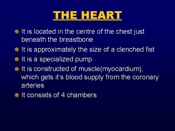 THE HEART It is located in the centre of the chest just beneath the