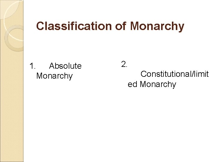 Classification of Monarchy 1. Absolute Monarchy 2. Constitutional/limit ed Monarchy 