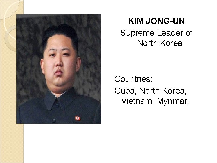 KIM JONG-UN Supreme Leader of North Korea Countries: Cuba, North Korea, Vietnam, Mynmar, 