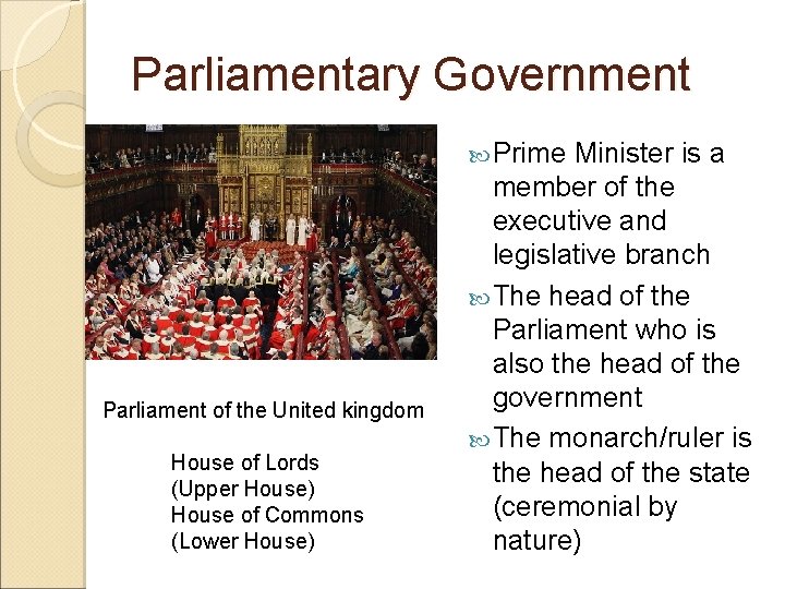 Parliamentary Government Prime Parliament of the United kingdom House of Lords (Upper House) House