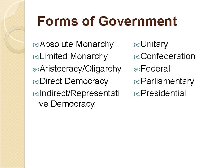 Forms of Government Absolute Monarchy Limited Monarchy Aristocracy/Oligarchy Direct Democracy Indirect/Representati ve Democracy Unitary