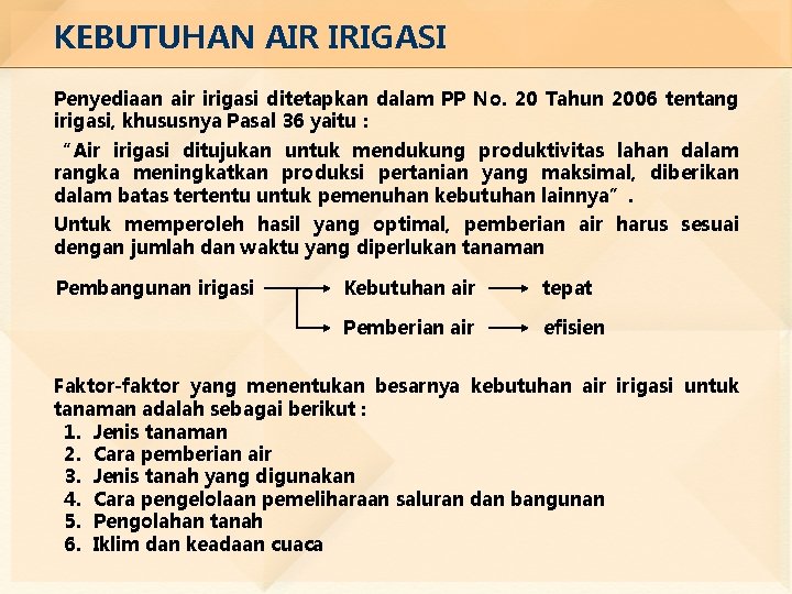 KEBUTUHAN AIR IRIGASI Penyediaan air irigasi ditetapkan dalam PP No. 20 Tahun 2006 tentang