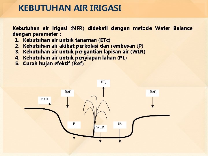 KEBUTUHAN AIR IRIGASI Kebutuhan air irigasi (NFR) didekati dengan metode Water Balance dengan parameter