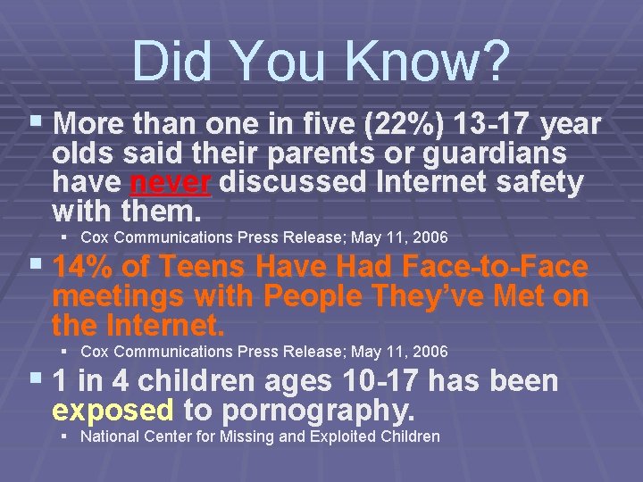 Did You Know? § More than one in five (22%) 13 -17 year olds