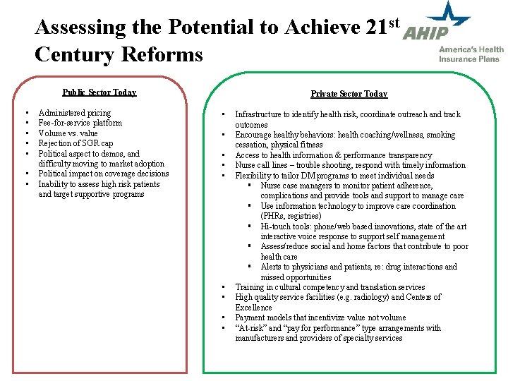 Assessing the Potential to Achieve 21 st Century Reforms Public Sector Today • •