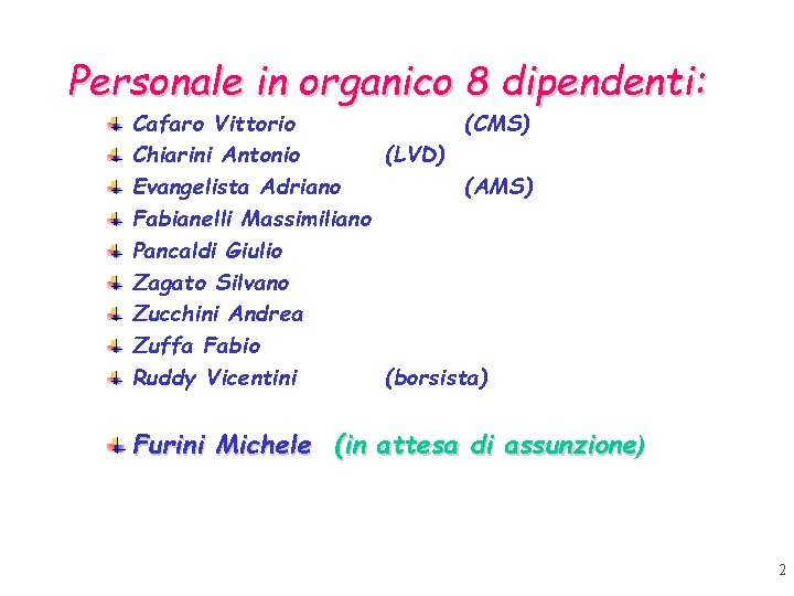 Personale in organico 8 dipendenti: Cafaro Vittorio (CMS) Chiarini Antonio (LVD) Evangelista Adriano (AMS)