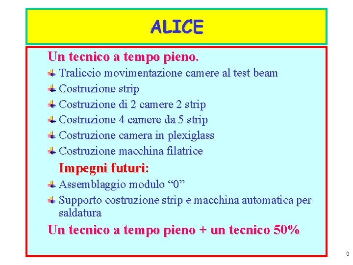 ALICE Un tecnico a tempo pieno. Traliccio movimentazione camere al test beam Costruzione strip