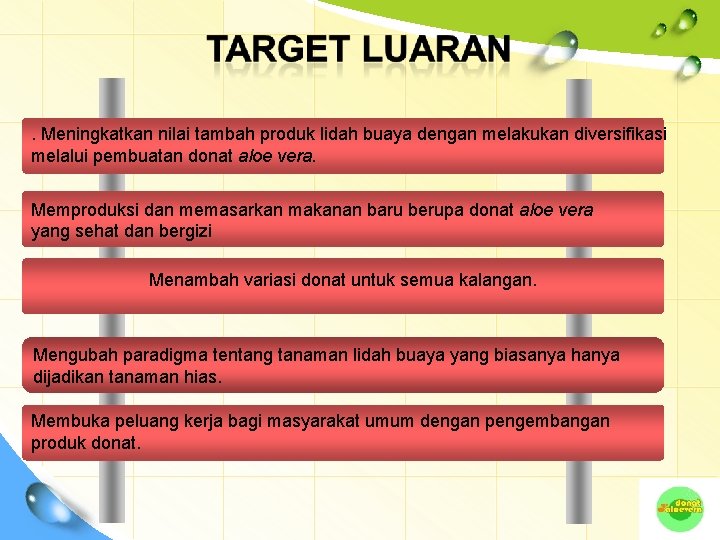 . Meningkatkan nilai tambah produk lidah buaya dengan melakukan diversifikasi melalui pembuatan donat aloe