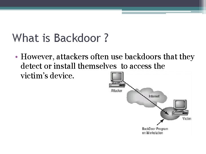 What is Backdoor ? • However, attackers often use backdoors that they detect or