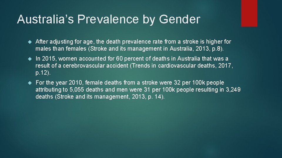 Australia’s Prevalence by Gender After adjusting for age, the death prevalence rate from a