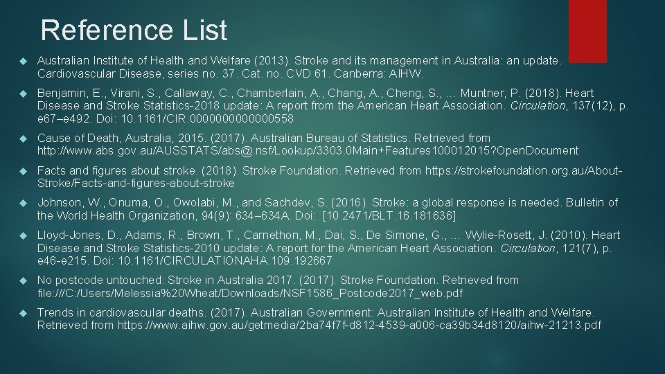 Reference List Australian Institute of Health and Welfare (2013). Stroke and its management in