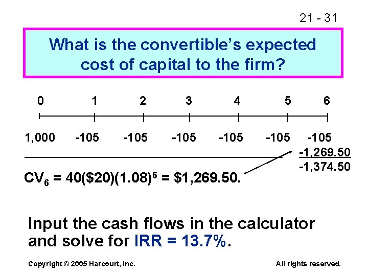 21 - 31 What is the convertible’s expected cost of capital to the firm?