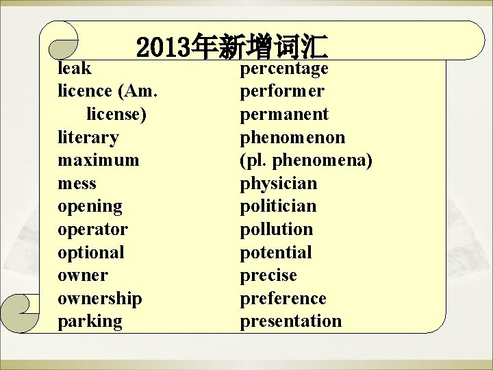 2013年新增词汇 leak licence (Am. license) literary maximum mess opening operator optional ownership parking percentage 2013年新增词汇 leak licence (Am. license) literary maximum mess opening operator optional ownership parking percentage