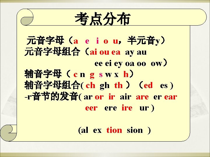 考点分布 元音字母(a e i o u,半元音y) 元音字母组合(ai ou ea ay au ee ei ey 考点分布 元音字母(a e i o u,半元音y) 元音字母组合(ai ou ea ay au ee ei ey
