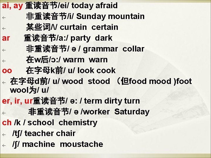 ai, ay 重读音节/ei/ today afraid ß 非重读音节/i/ Sunday mountain ß 某些词// curtain certain ar ai, ay 重读音节/ei/ today afraid ß 非重读音节/i/ Sunday mountain ß 某些词// curtain certain ar