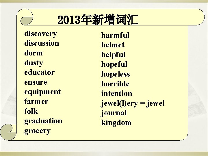 2013年新增词汇 discovery discussion dorm dusty educator ensure equipment farmer folk graduation grocery harmful helmet 2013年新增词汇 discovery discussion dorm dusty educator ensure equipment farmer folk graduation grocery harmful helmet
