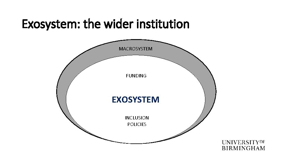 Exosystem: the wider institution MACROSYSTEM FUNDING EXOSYSTEM INCLUSION POLICIES 