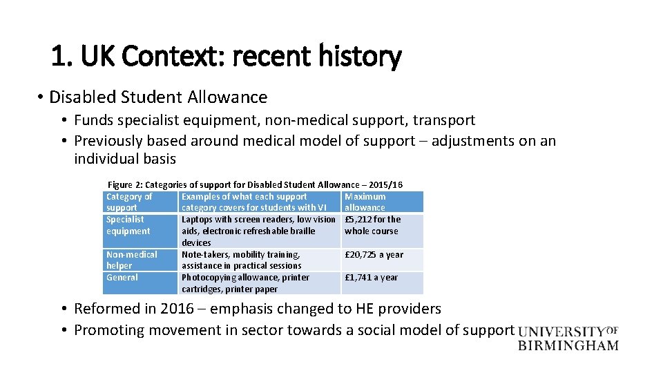 1. UK Context: recent history • Disabled Student Allowance • Funds specialist equipment, non-medical