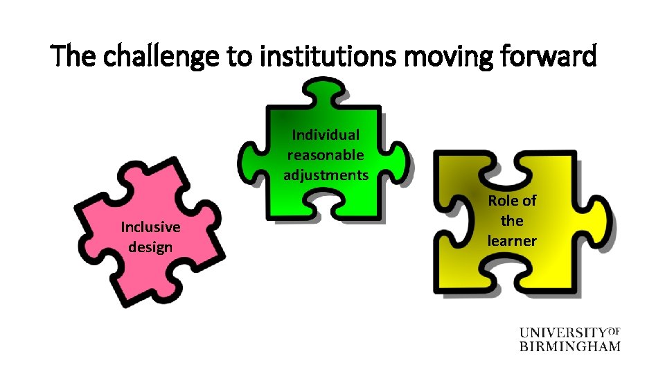 The challenge to institutions moving forward Individual reasonable adjustments Inclusive design Role of the