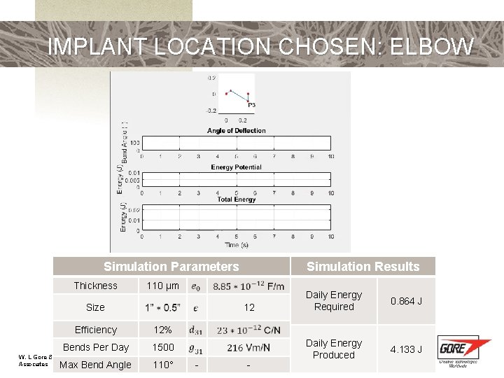 IMPLANT LOCATION CHOSEN: ELBOW Simulation Parameters Thickness 110 µm Size W. L. Gore &