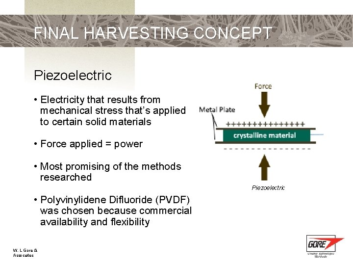 FINAL HARVESTING CONCEPT Piezoelectric • Electricity that results from mechanical stress that’s applied to